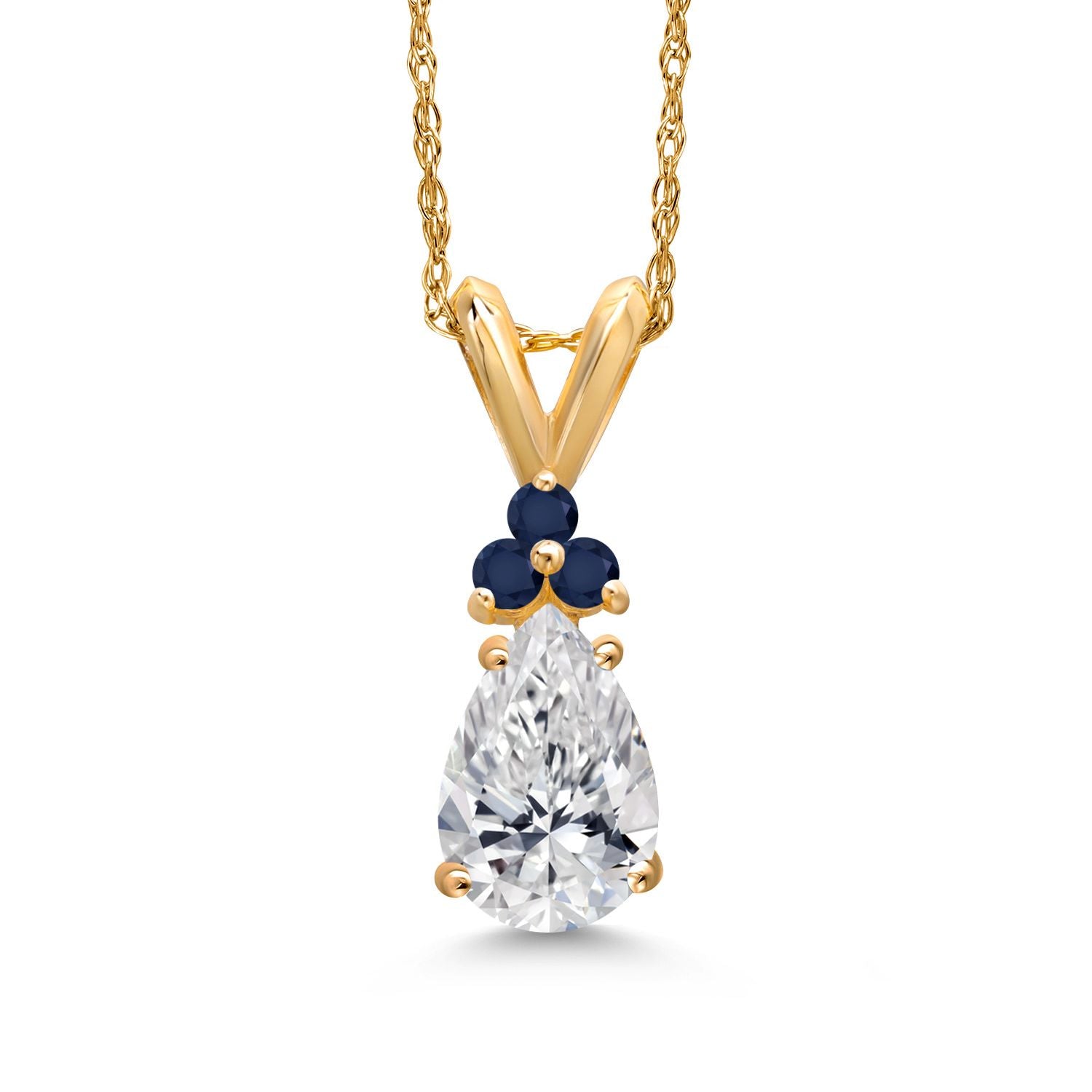 14K Yellow Gold DEF Lab Grown Diamond and Blue Sapphire Pendant Necklace for Women | 0.82 Cttw | Gemstone April Birthstone | Pear Shape 8X5MM | With 18 Inch Chain