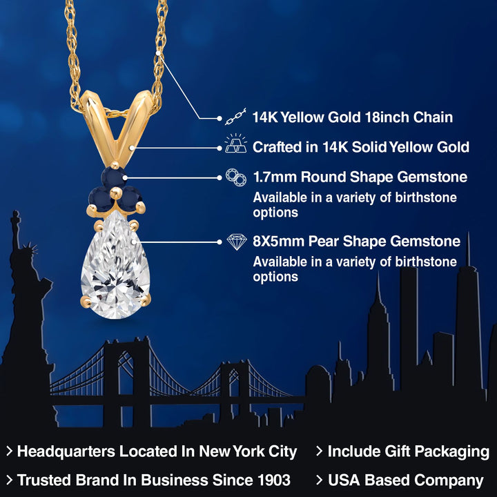 14K Yellow Gold DEF Lab Grown Diamond and Blue Sapphire Pendant Necklace for Women | 0.82 Cttw | Gemstone April Birthstone | Pear Shape 8X5MM | With 18 Inch Chain