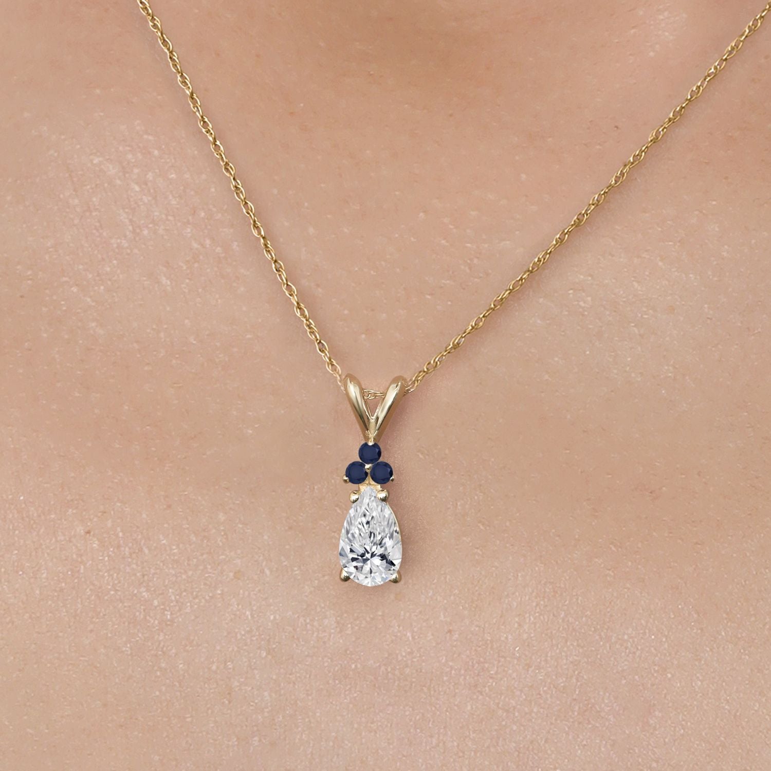 14K Yellow Gold DEF Lab Grown Diamond and Blue Sapphire Pendant Necklace for Women | 0.82 Cttw | Gemstone April Birthstone | Pear Shape 8X5MM | With 18 Inch Chain