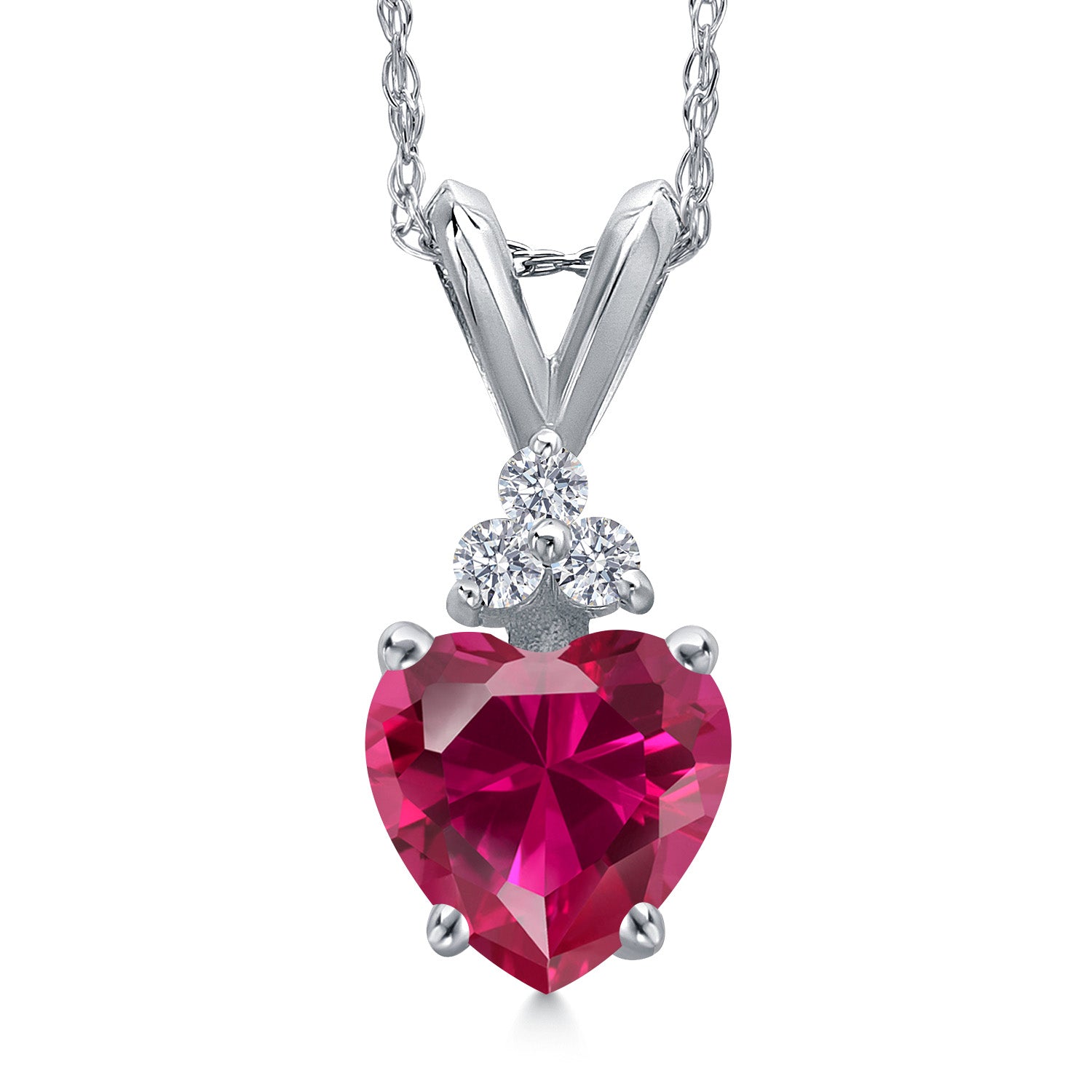 14K White Gold 6MM Heart Red Created Ruby and 3 Round Lab Grown Diamond Heart Pendant Necklace | 0.99 Cttw | Gemstone July Birthstone | Gold Necklace For Women | With 18 Inch Chain