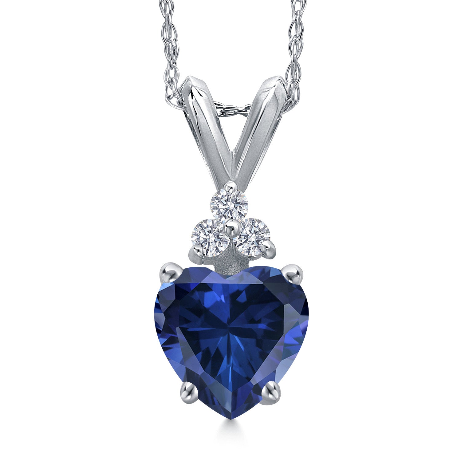 14K White Gold Blue Created Sapphire and Lab Grown Diamond Pendant Necklace for Women | 0.83 Cttw | Gemstone September Birthstone | Heart Shape 6MM | With 18 Inch Chain