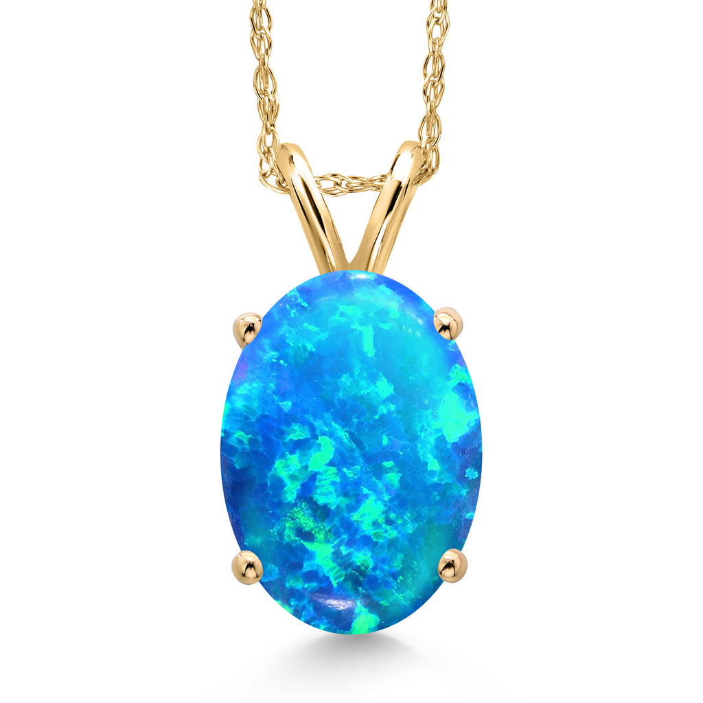 Blue Simulated Opal-Cabochon - October_Pendant in 14K Yellow Gold