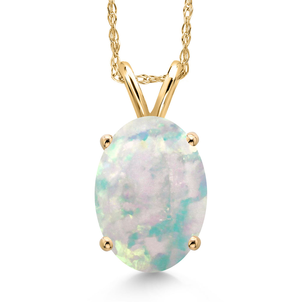 White Simulated Opal-Cabochon - October_Pendant in 14K Yellow Gold