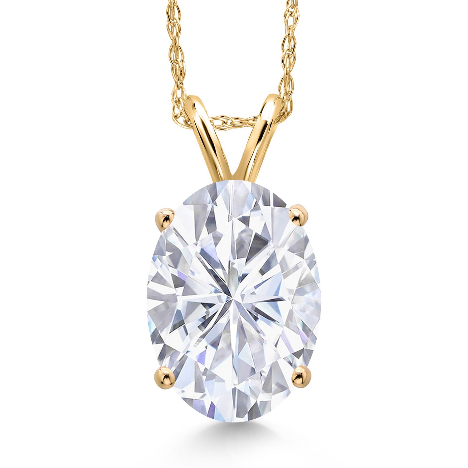 14K Yellow Gold White Moissanite Pendant Necklace for Women | 3.00 Cttw | Gemstone Birthstone | Oval 10X8MM | With 18 Inch Chain