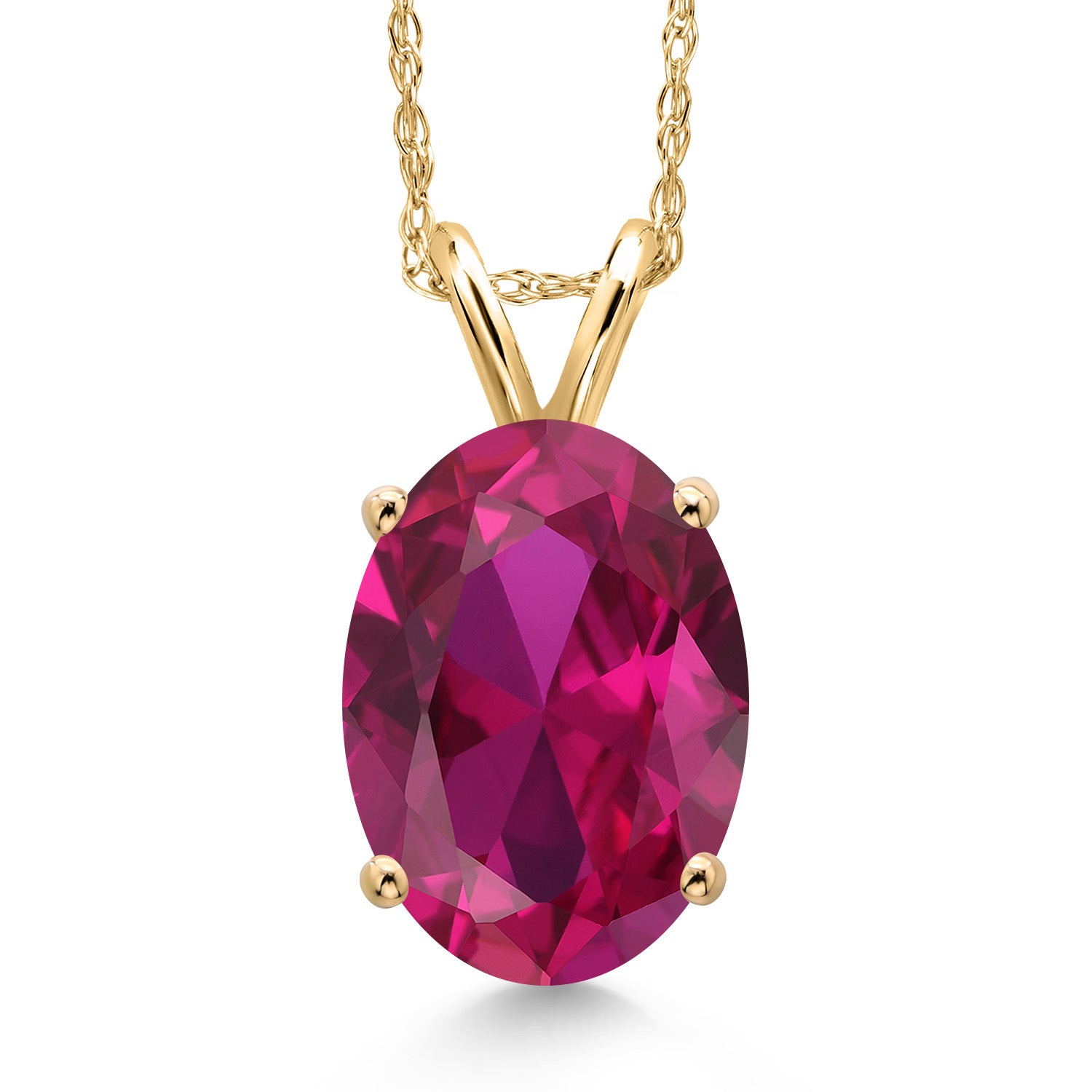 14K Yellow Gold Red Created Ruby Pendant Necklace for Women | 3.00 Cttw | Gemstone July Birthstone | Oval 10X8MM | With 18 Inch Chain