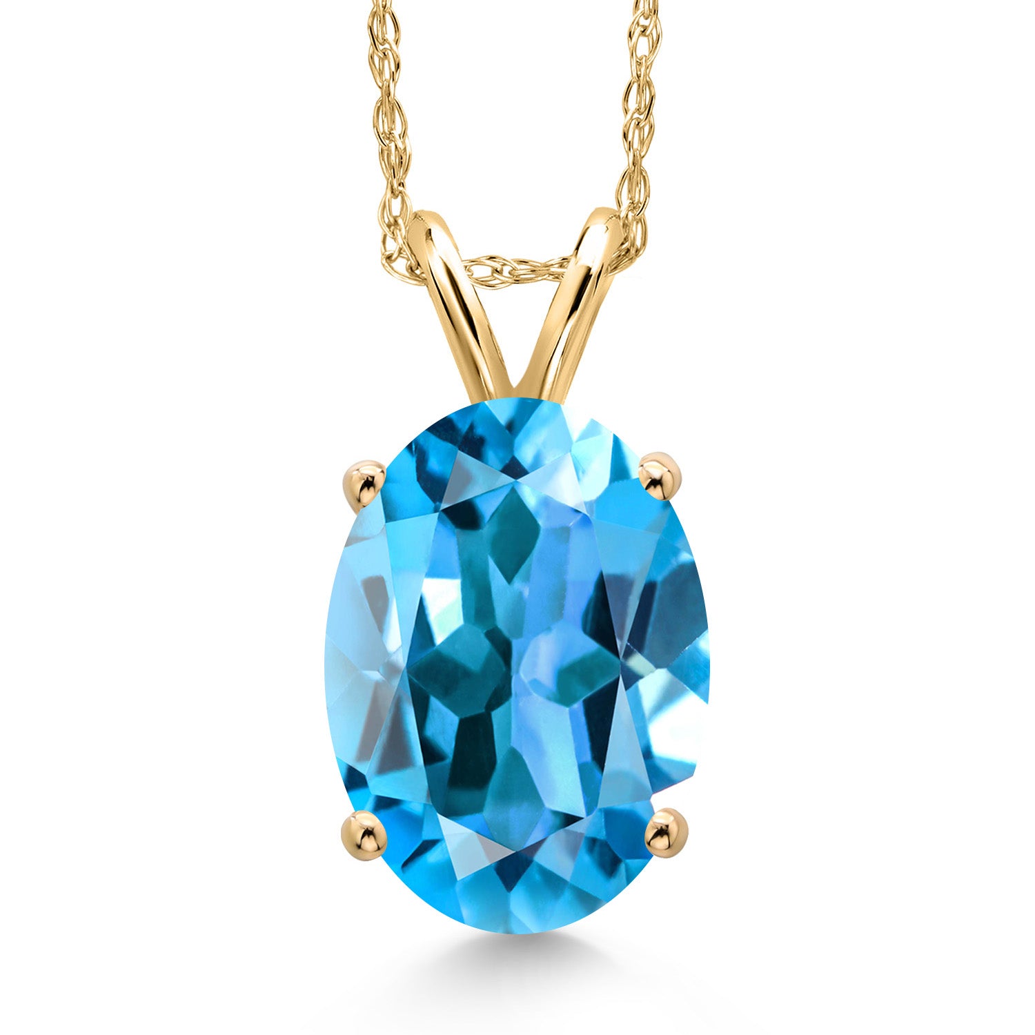 14K Yellow Gold Swiss Blue Topaz Pendant Necklace for Women | 3.20 Cttw | Gemstone November Birthstone | Oval 10X8MM | With 18 Inch Chain