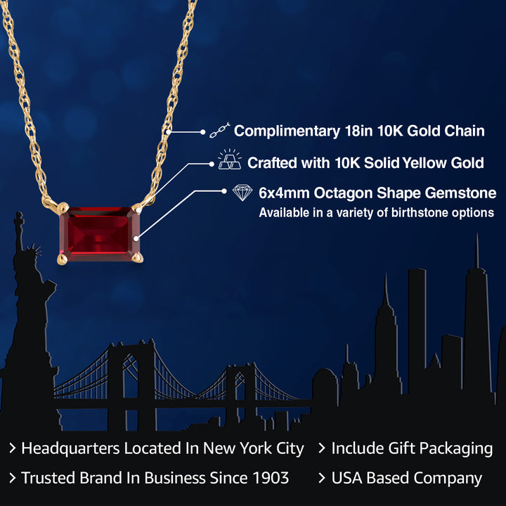 10K Yellow Gold Red Garnet Pendant Necklace for Women | 0.80 Cttw | Gemstone January Birthstone | Emerald Cut 6X4MM | With 18 Inch Chain