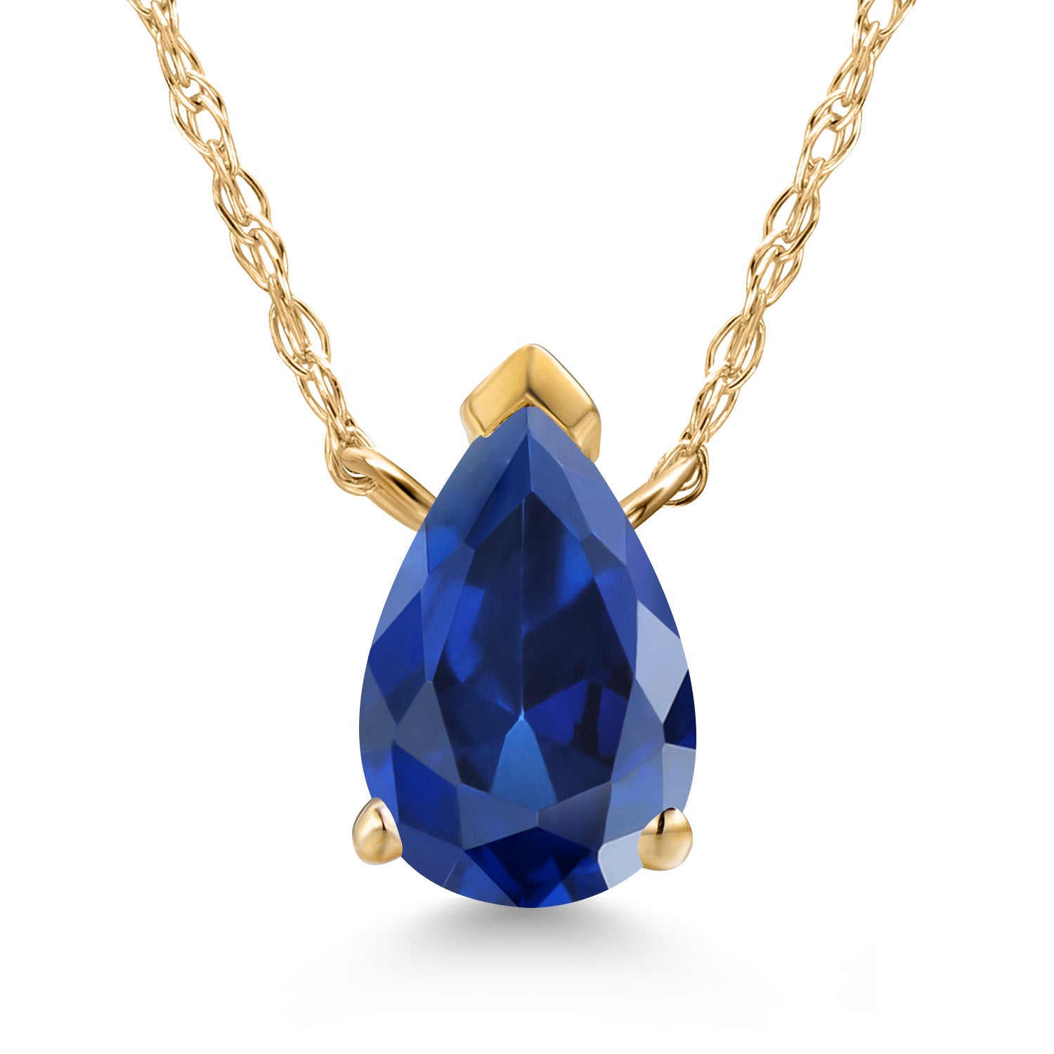 10K Yellow Gold Blue Created Sapphire Pendant Necklace for Women | 1.00 Cttw | Gemstone September Birthstone | Pear Shape 7X5MM | With 18 Inch Chain