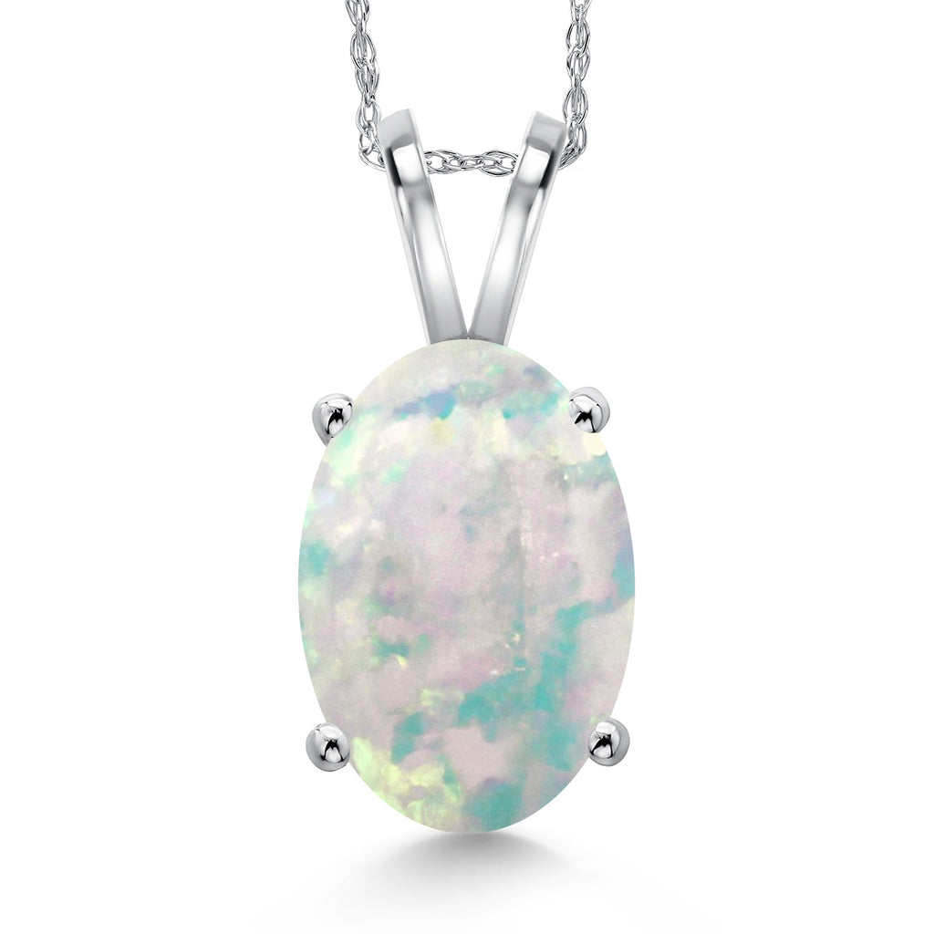 White Simulated Opal-Cabochon - October_Pendant in 14K White Gold