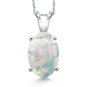 White Simulated Opal-Cabochon - October_Pendant in 14K White Gold