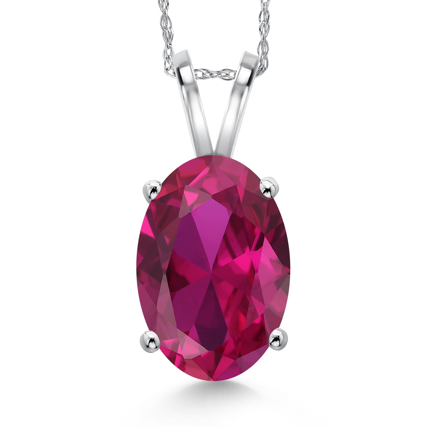 14K White Gold Red Created Ruby Pendant Necklace for Women | 3.00 Cttw | Gemstone July Birthstone | Oval 14X10MM | With 18 Inch Chain