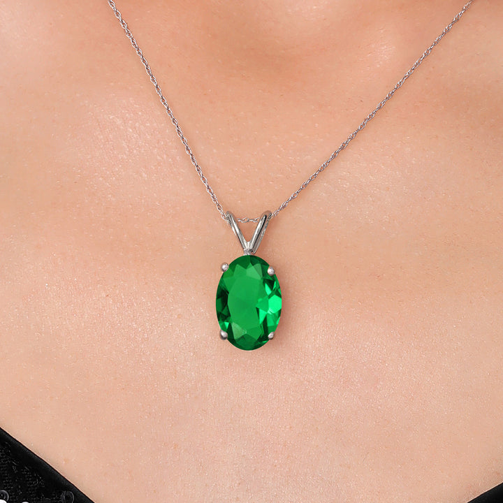 14K White Gold Green Nano Emerald Pendant Necklace for Women | 4.00 Cttw | Gemstone May Birthstone | Oval 14X10MM | With 18 Inch Chain