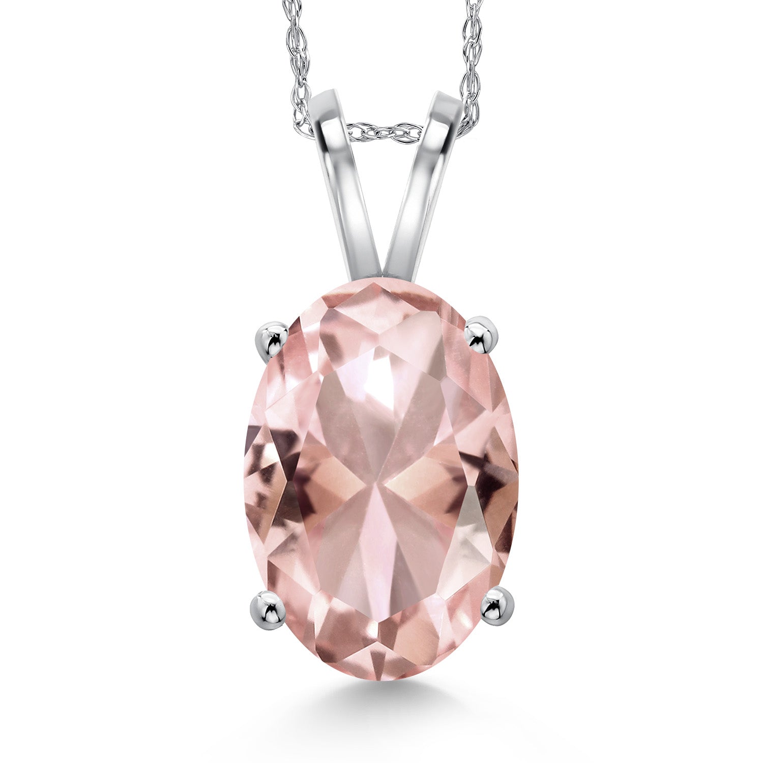 14K White Gold Peach Nano Morganite Pendant Necklace for Women | 9.20 Cttw | Gemstone October Birthstone | Oval 14X10MM | With 18 Inch Chain