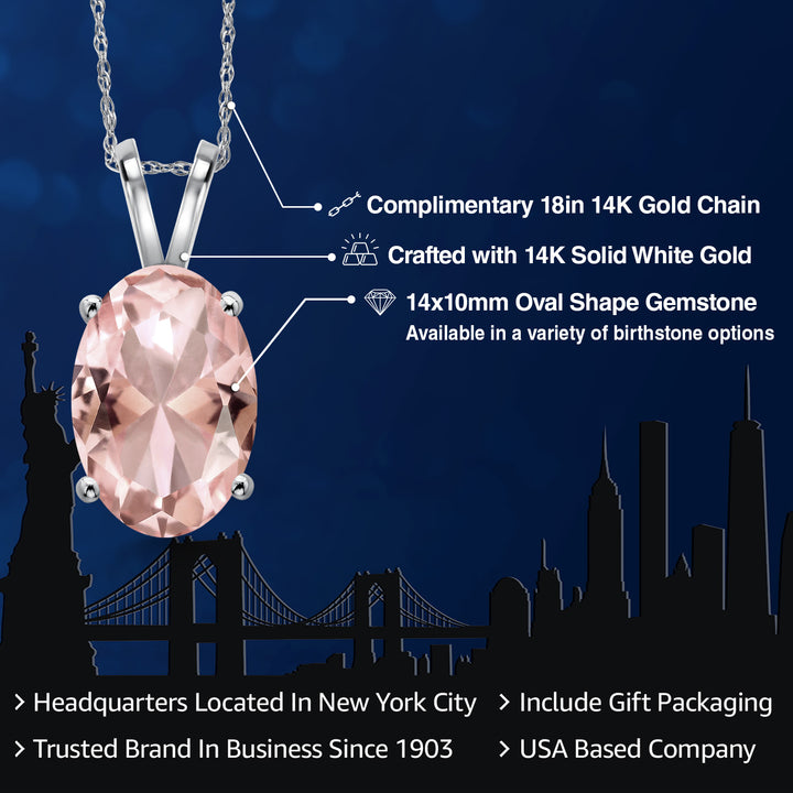 14K White Gold Peach Nano Morganite Pendant Necklace for Women | 9.20 Cttw | Gemstone October Birthstone | Oval 14X10MM | With 18 Inch Chain