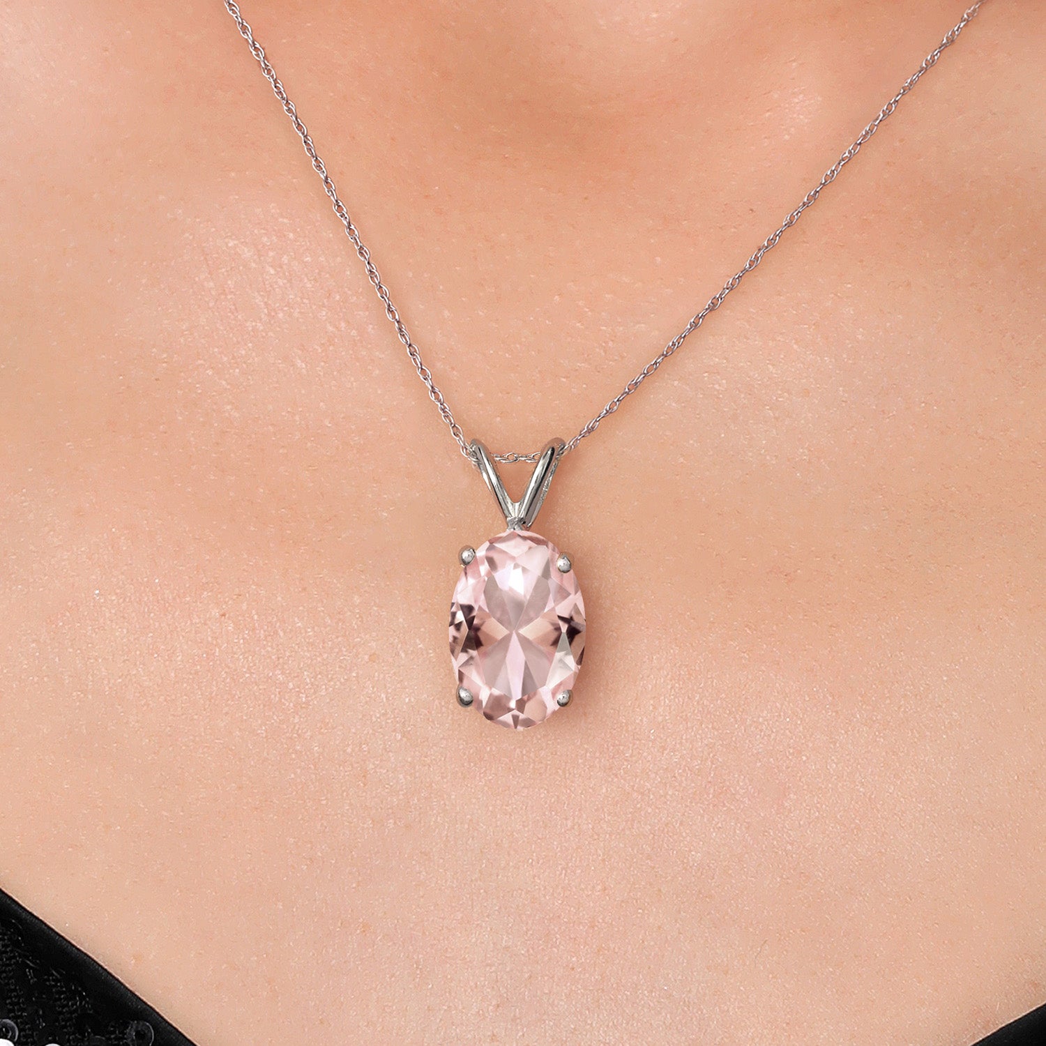 14K White Gold Peach Nano Morganite Pendant Necklace for Women | 9.20 Cttw | Gemstone October Birthstone | Oval 14X10MM | With 18 Inch Chain