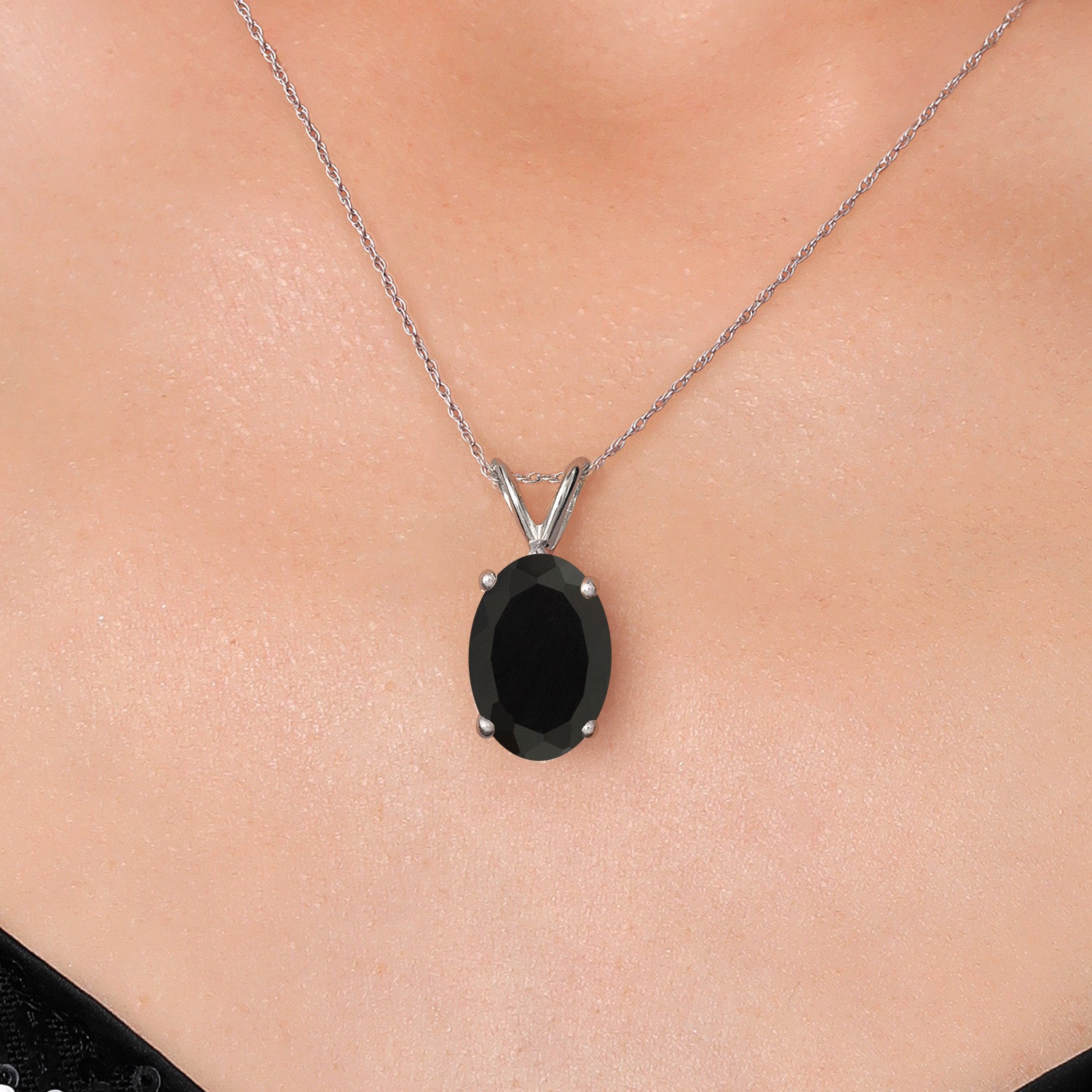 14K White Gold Black Onyx Pendant Necklace for Women | 5.00 Cttw | Gemstone December Birthstone | Oval 14X10MM | With 18 Inch Chain