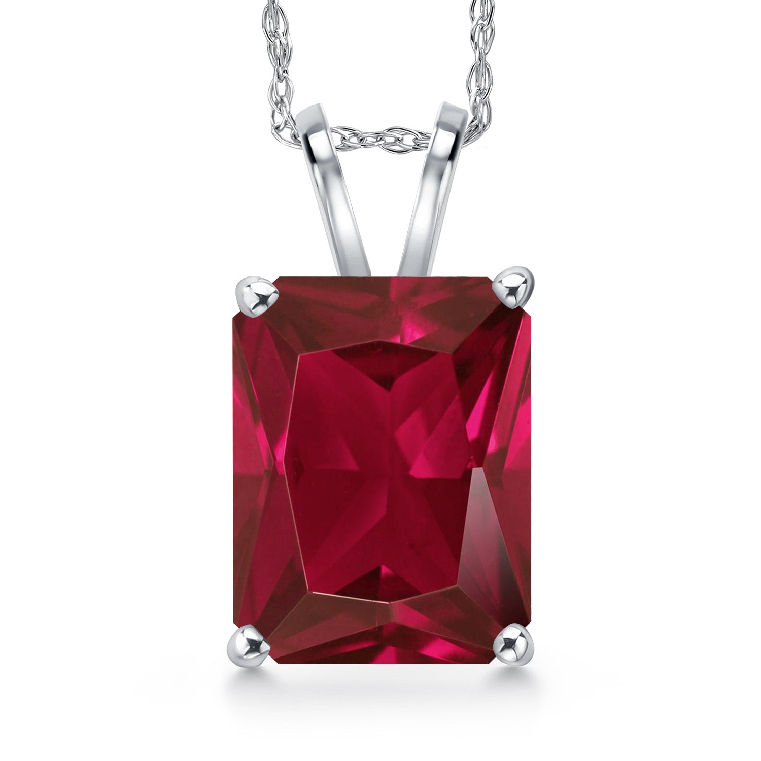 14K White Gold Red Created Ruby Pendant Necklace for Women | 1.00 Cttw | Gemstone July Birthstone | Emerald Cut 11X9MM | With 18 Inch Chain