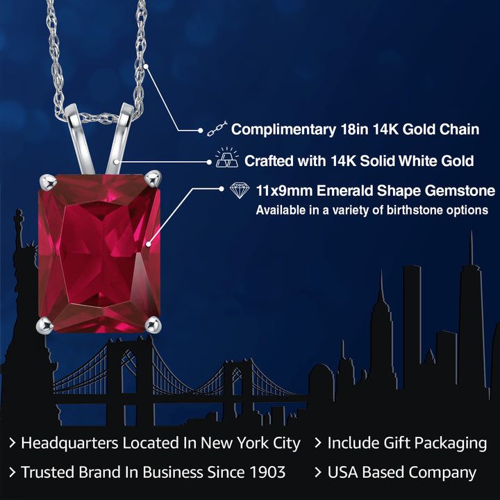 14K White Gold Red Created Ruby Pendant Necklace for Women | 1.00 Cttw | Gemstone July Birthstone | Emerald Cut 11X9MM | With 18 Inch Chain