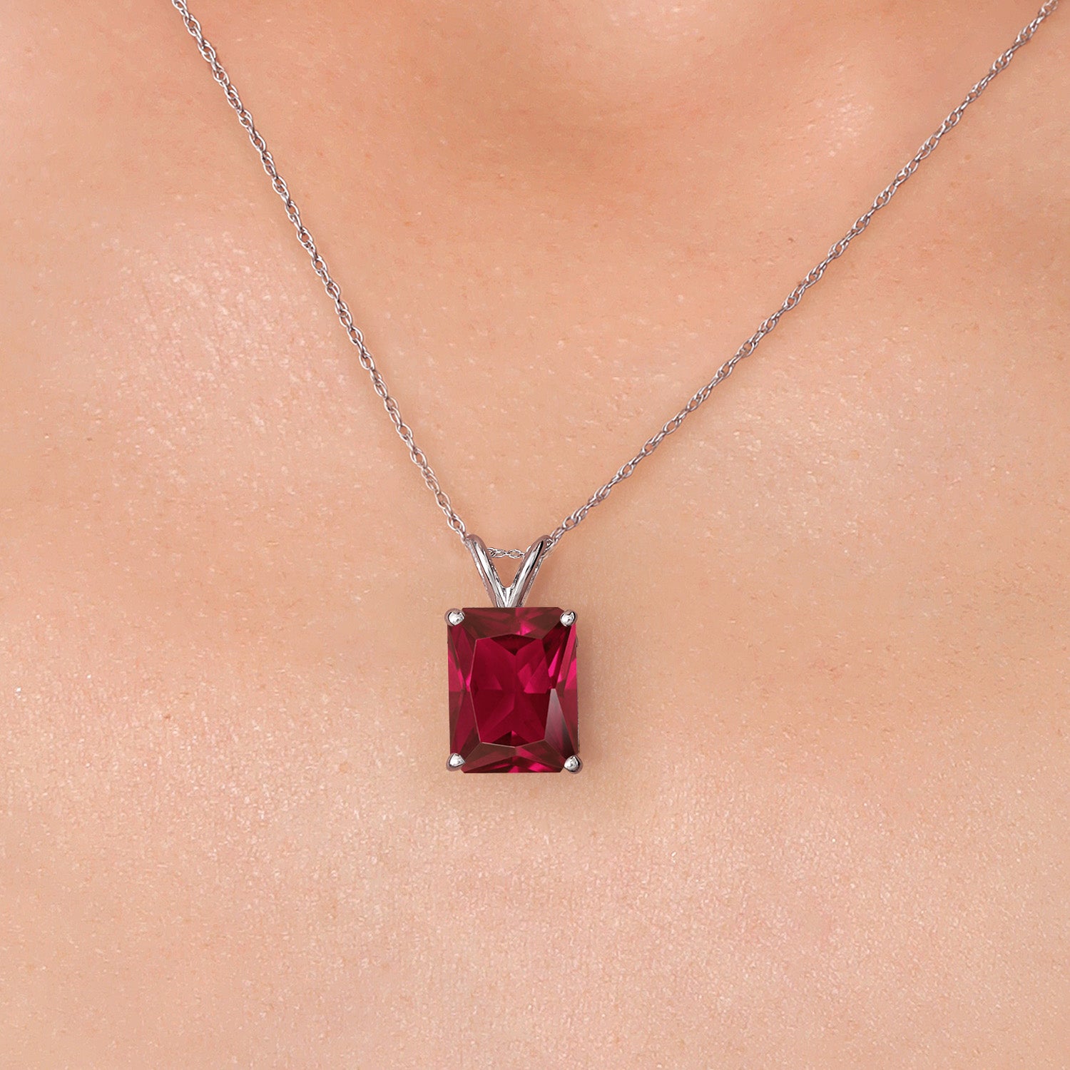 14K White Gold Red Created Ruby Pendant Necklace for Women | 1.00 Cttw | Gemstone July Birthstone | Emerald Cut 11X9MM | With 18 Inch Chain