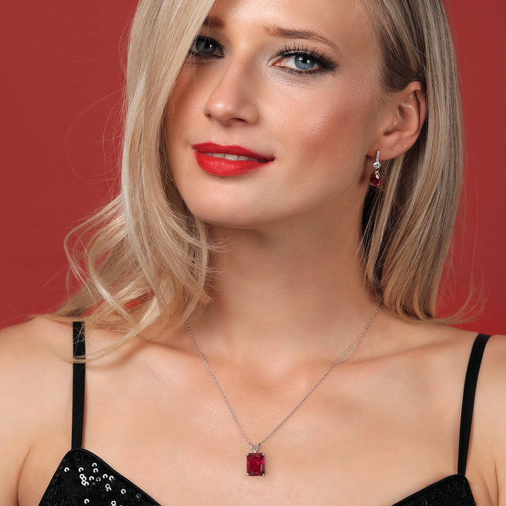 14K White Gold Red Created Ruby Pendant Necklace for Women | 1.00 Cttw | Gemstone July Birthstone | Emerald Cut 11X9MM | With 18 Inch Chain