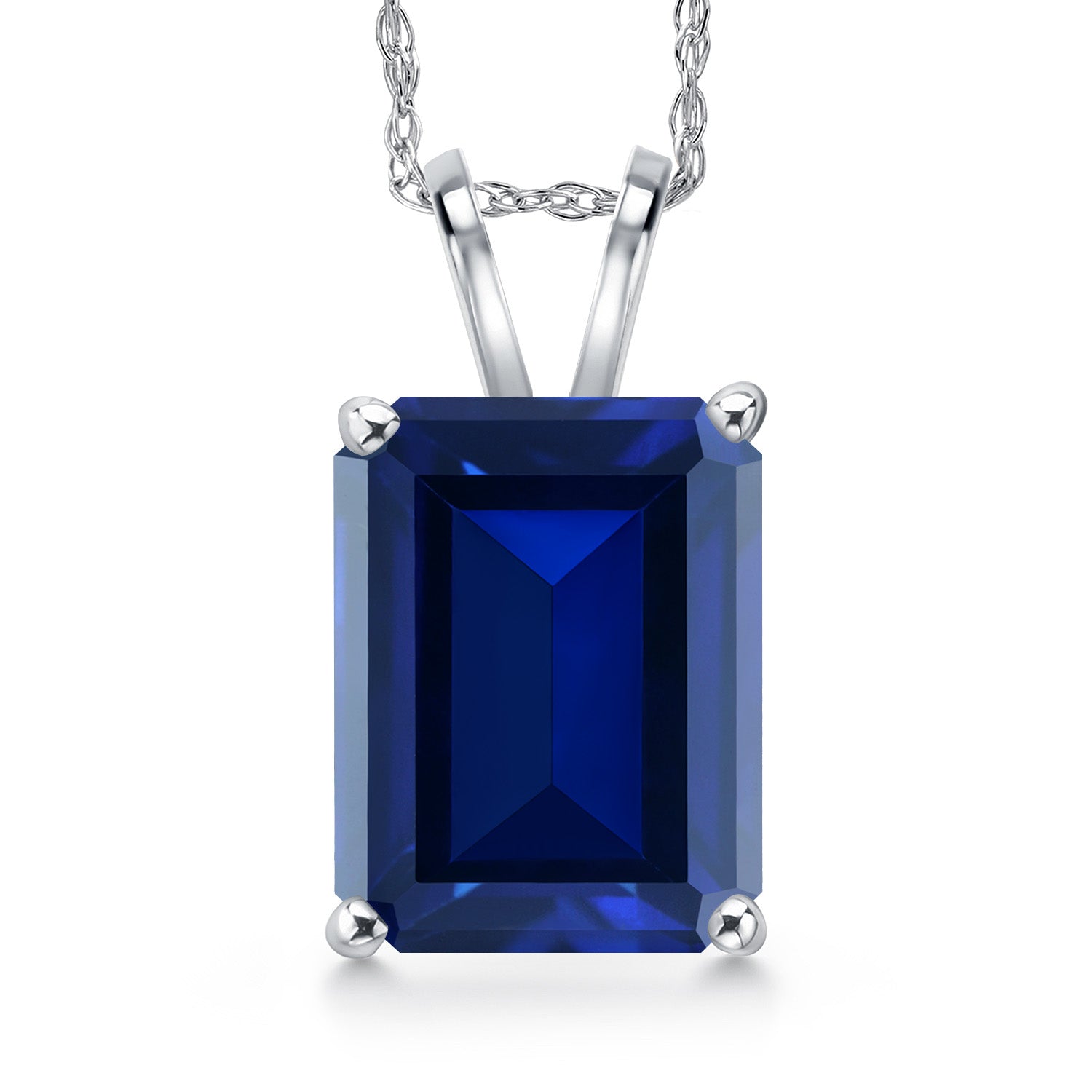 14K White Gold Blue Created Sapphire Pendant Necklace for Women | 4.00 Cttw | Gemstone September Birthstone | Octagon 11X9MM | With 18 Inch Chain