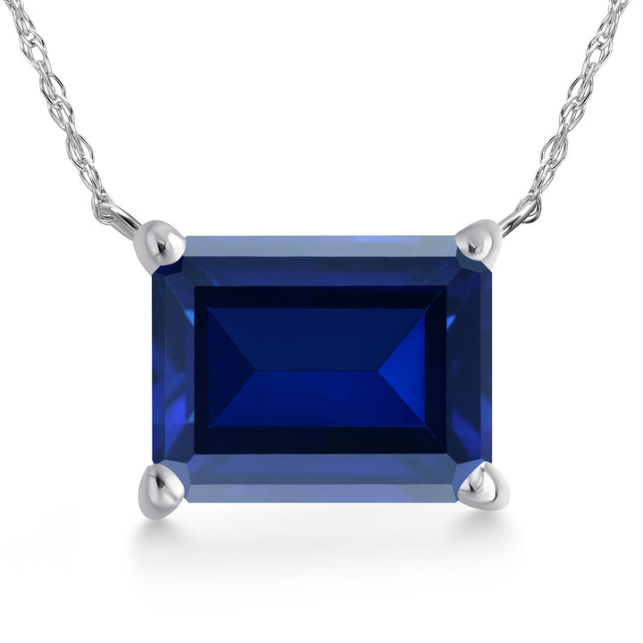 14K White Gold Blue Created Sapphire Pendant Necklace for Women | 4.00 Cttw | Gemstone September Birthstone | Octagon 11X9MM | With 18 Inch Chain