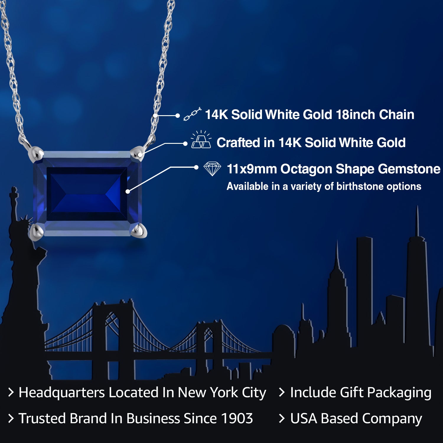 14K White Gold Blue Created Sapphire Pendant Necklace for Women | 4.00 Cttw | Gemstone September Birthstone | Octagon 11X9MM | With 18 Inch Chain