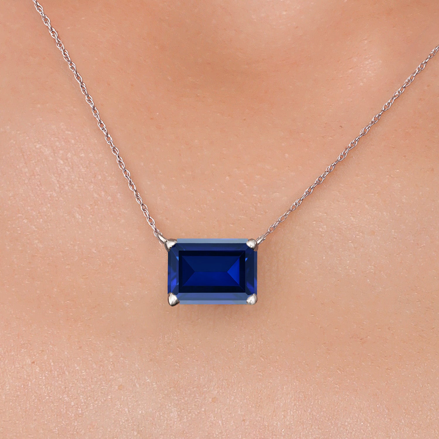 14K White Gold Blue Created Sapphire Pendant Necklace for Women | 4.00 Cttw | Gemstone September Birthstone | Octagon 11X9MM | With 18 Inch Chain