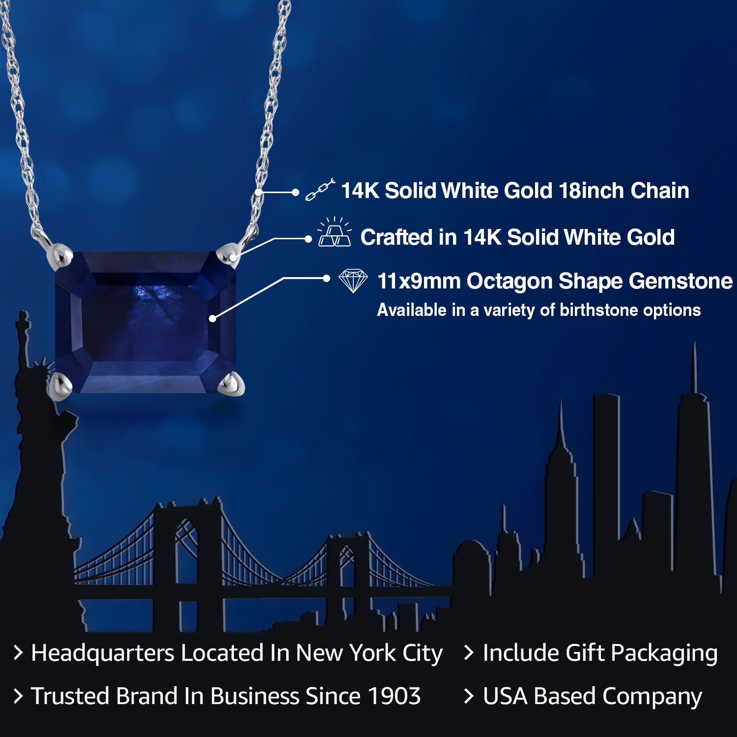 14K White Gold Blue Sapphire Pendant Necklace for Women | 4.37 Cttw | Gemstone September Birthstone | Octagon 11X9MM | With 18 Inch Chain