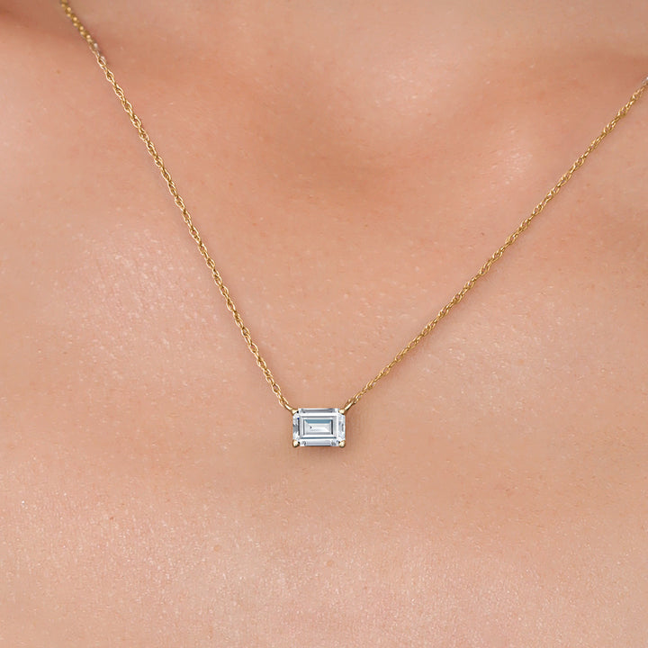 14K Yellow Gold White Moissanite Pendant Necklace for Women | 0.57 Cttw | Gemstone Birthstone | Emerald Cut 6X4MM | With 18 Inch Chain