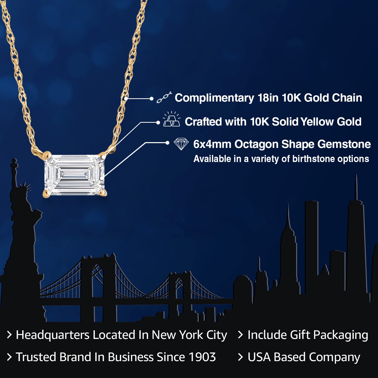 14K Yellow Gold Lab Grown Diamond Pendant Necklace for Women | 0.65 Cttw | Gemstone April Birthstone | Emerald Cut 6X4MM | With 18 Inch Chain