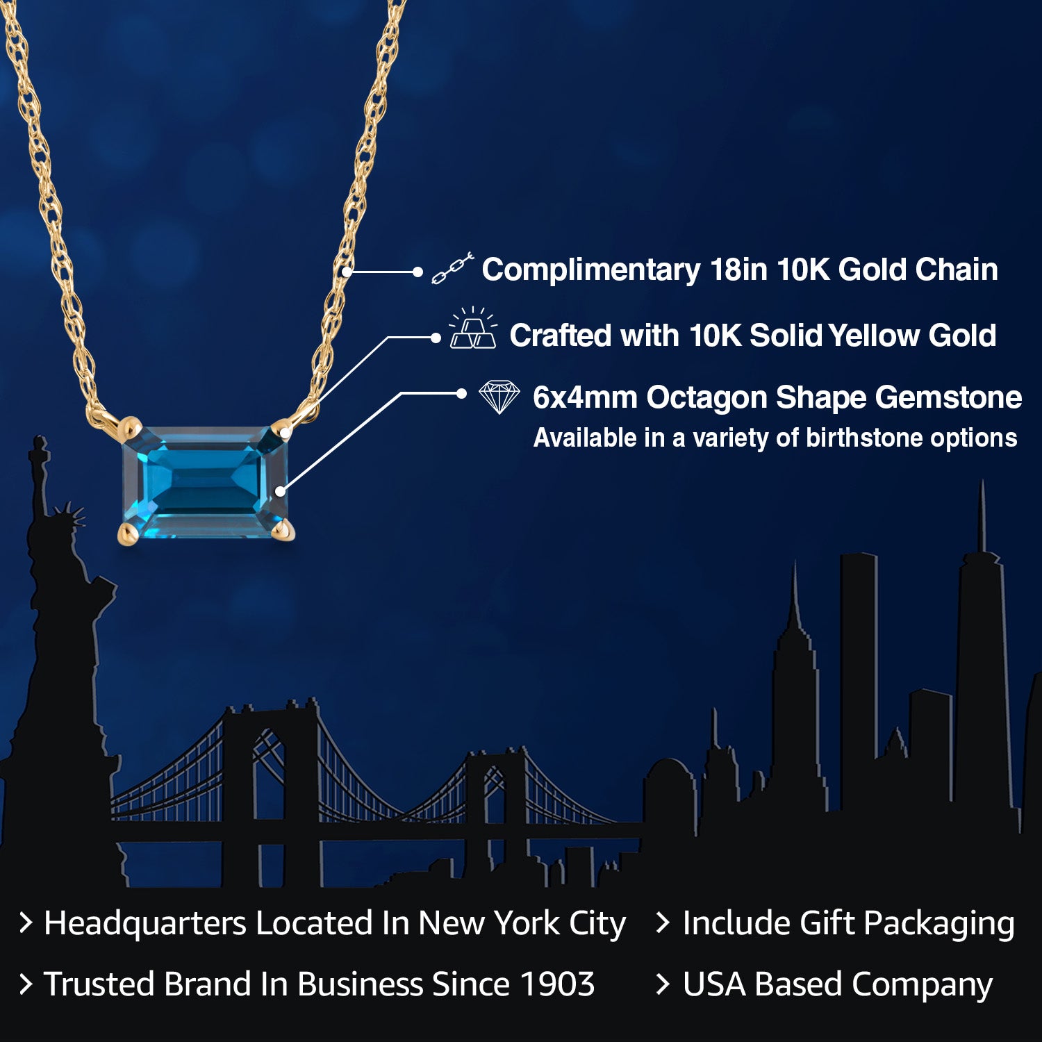 14K Yellow Gold London Blue Topaz Pendant Necklace for Women | 0.66 Cttw | Gemstone November Birthstone | Emerald Cut 6X4MM | With 18 Inch Chain