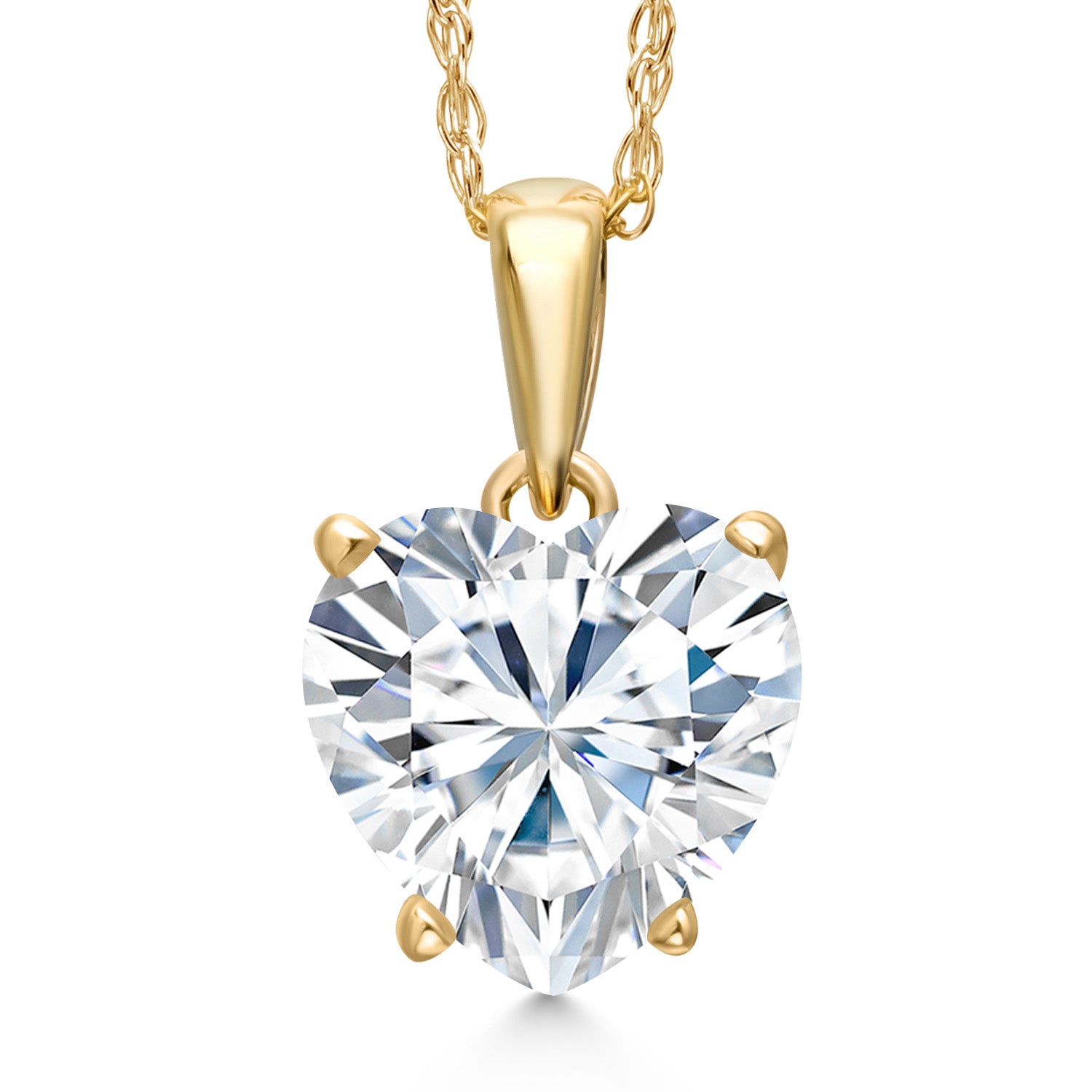 14K Yellow Gold White Moissanite Pendant Necklace for Women | 1.80 Cttw | Gemstone Birthstone | Heart Shape 8MM | With 18 Inch Chain