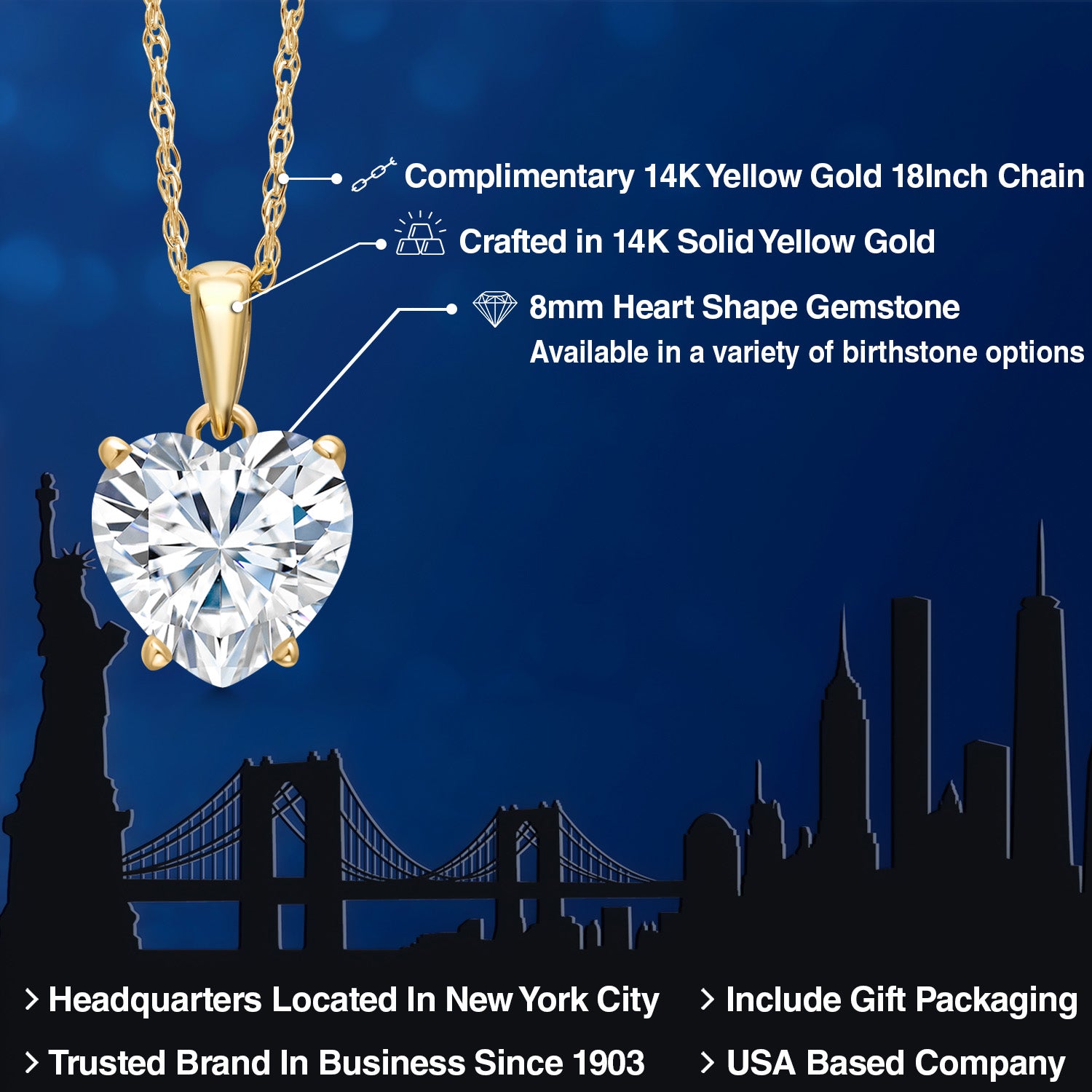 14K Yellow Gold White Moissanite Pendant Necklace for Women | 1.80 Cttw | Gemstone Birthstone | Heart Shape 8MM | With 18 Inch Chain