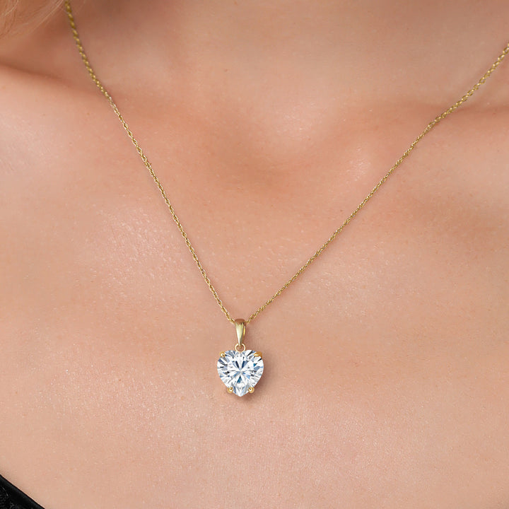 14K Yellow Gold White Moissanite Pendant Necklace for Women | 1.80 Cttw | Gemstone Birthstone | Heart Shape 8MM | With 18 Inch Chain