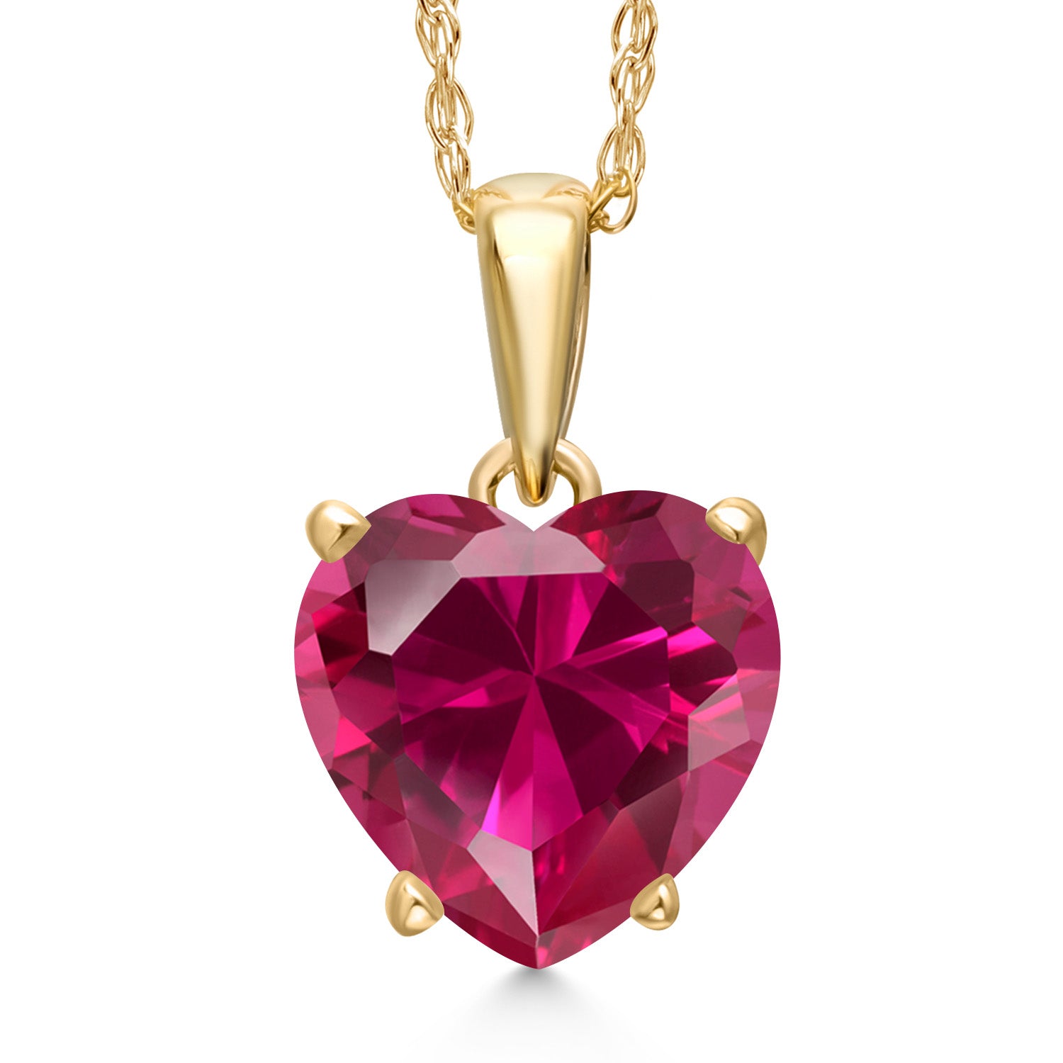 14K Yellow Gold Red Created Ruby Pendant Necklace for Women | 1.70 Cttw | Gemstone July Birthstone | Heart Shape 8MM | With 18 Inch Chain