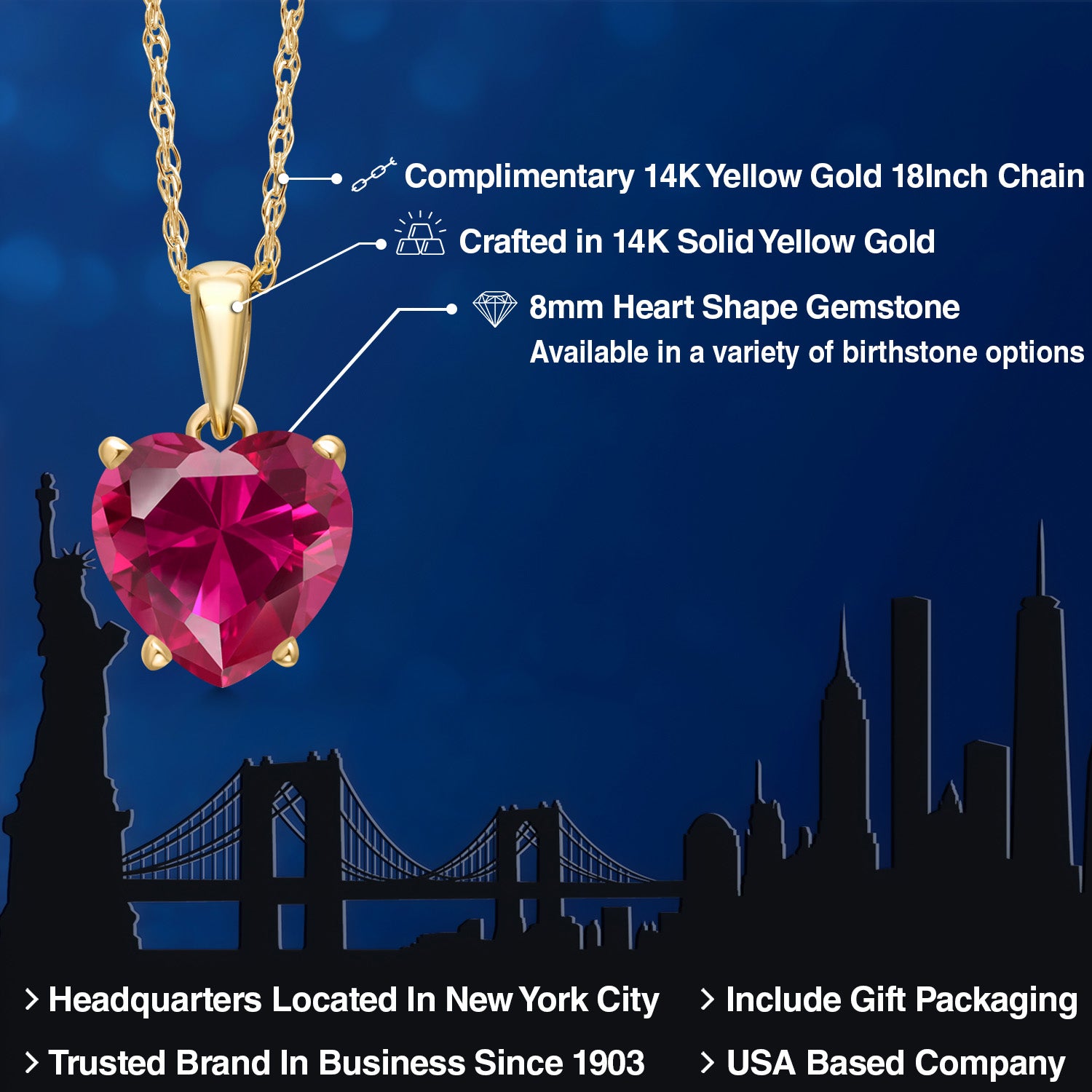 14K Yellow Gold Red Created Ruby Pendant Necklace for Women | 1.70 Cttw | Gemstone July Birthstone | Heart Shape 8MM | With 18 Inch Chain