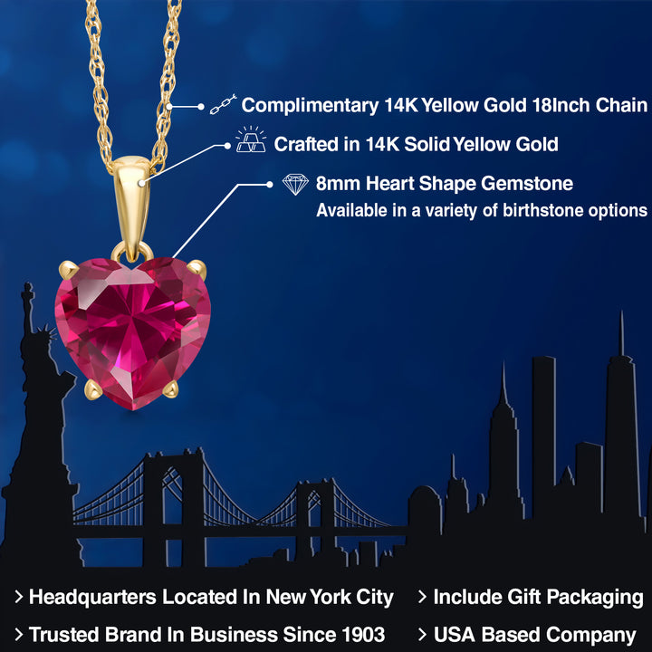 14K Yellow Gold Red Created Ruby Pendant Necklace for Women | 1.70 Cttw | Gemstone July Birthstone | Heart Shape 8MM | With 18 Inch Chain