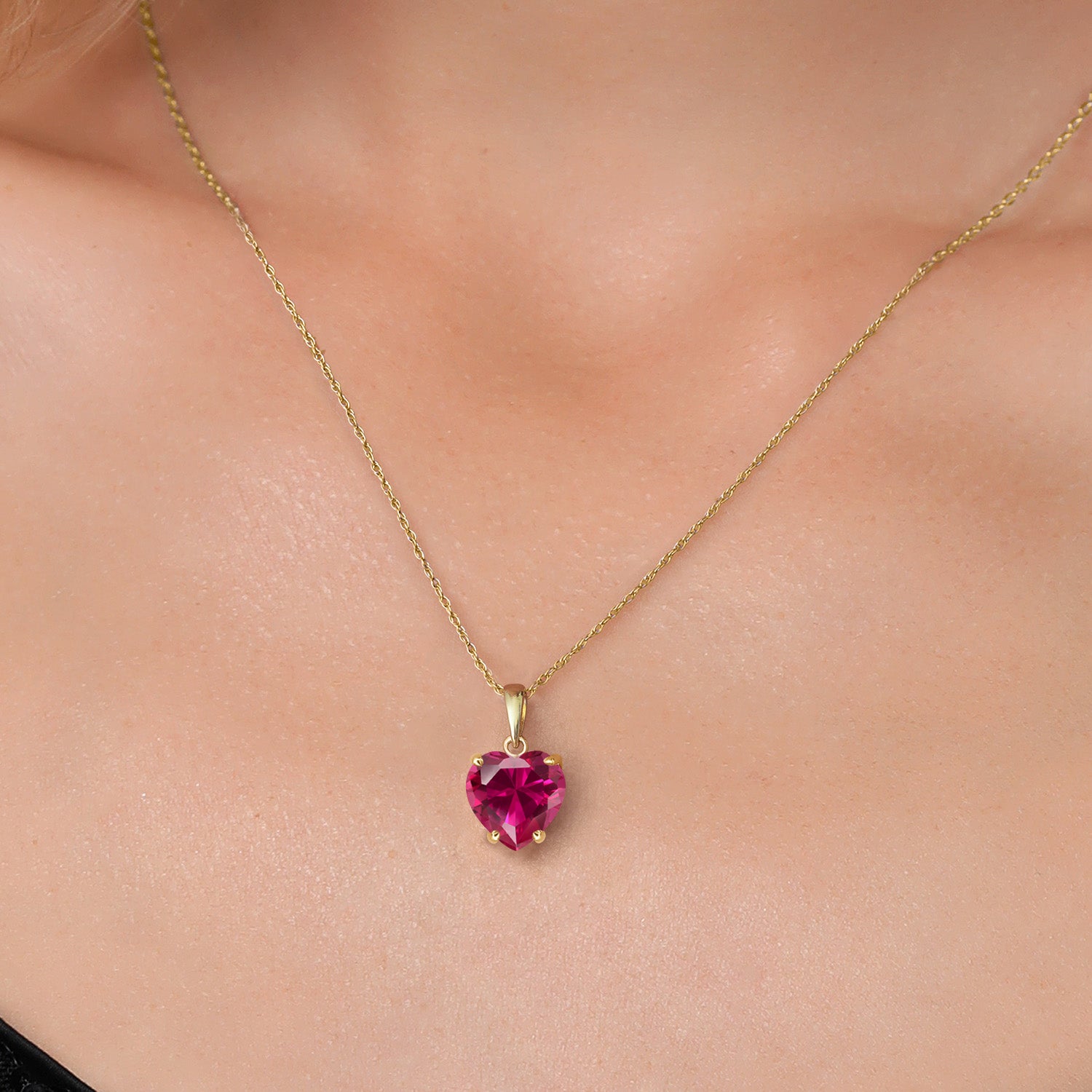 14K Yellow Gold Red Created Ruby Pendant Necklace for Women | 1.70 Cttw | Gemstone July Birthstone | Heart Shape 8MM | With 18 Inch Chain