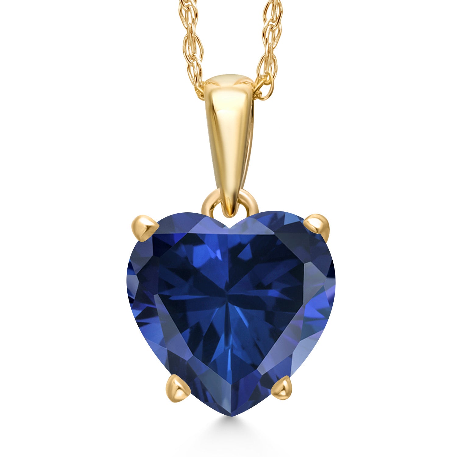 14K Yellow Gold Blue Created Sapphire Pendant Necklace for Women | 1.00 Cttw | Gemstone September Birthstone | Heart Shape 8MM | With 18 Inch Chain