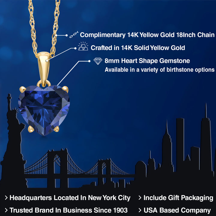 14K Yellow Gold Blue Created Sapphire Pendant Necklace for Women | 1.00 Cttw | Gemstone September Birthstone | Heart Shape 8MM | With 18 Inch Chain