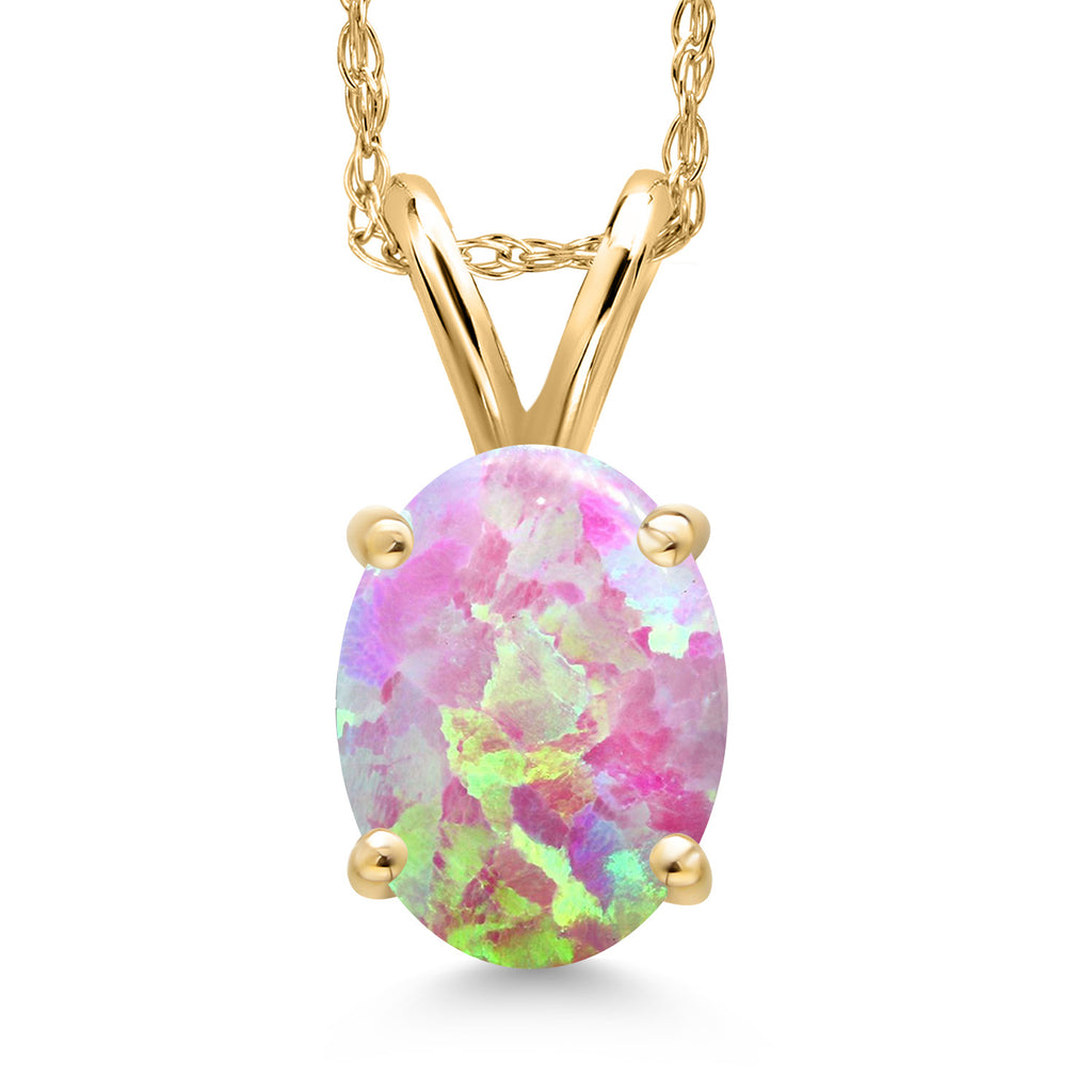 Pink Simulated Opal-Cabochon - October_Pendant in 14K Yellow Gold