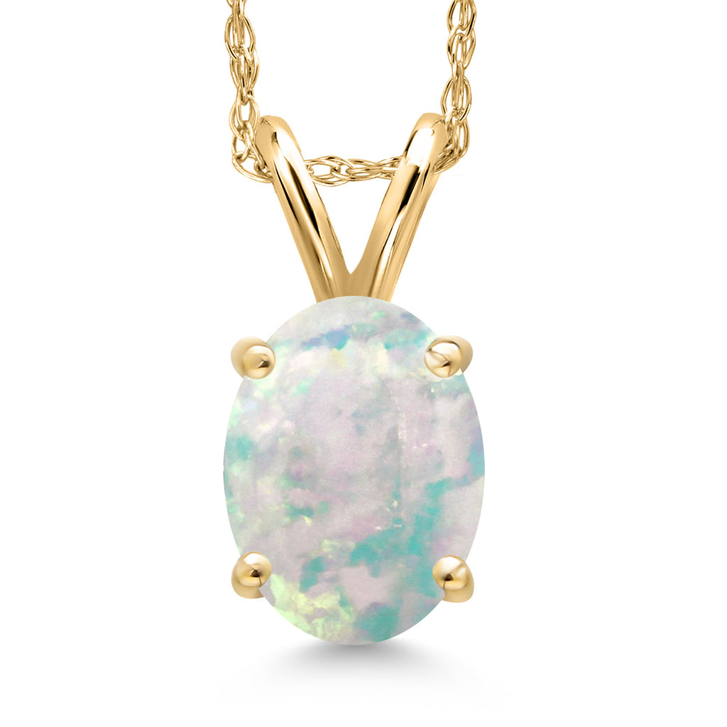 White Simulated Opal-Cabochon - October_Pendant in 14K Yellow Gold