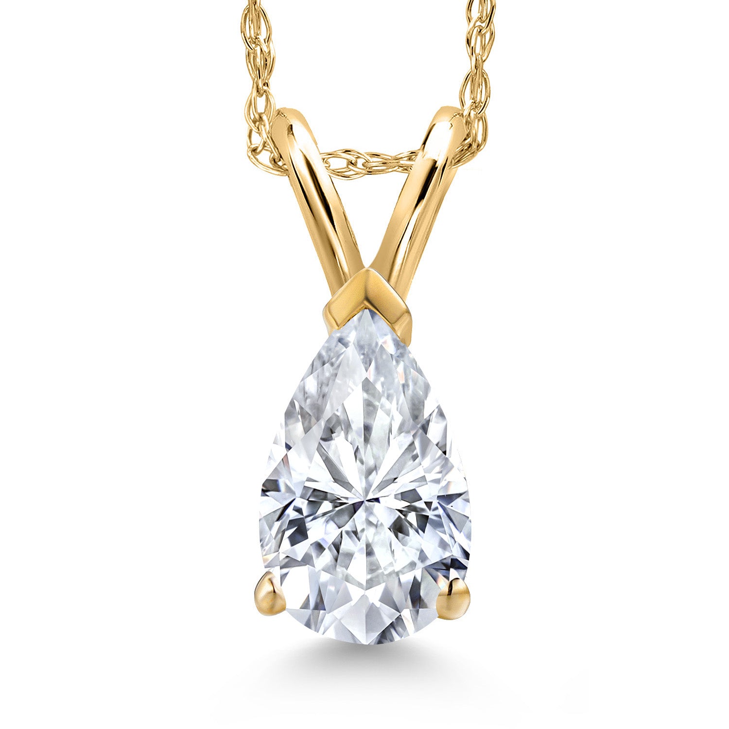 14K Yellow Gold White Moissanite Pendant Necklace for Women | 1.00 Cttw | Gemstone Birthstone | Pear Shape 8X5MM | With 18 Inch Chain