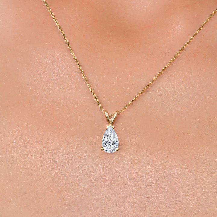 14K Yellow Gold White Moissanite Pendant Necklace for Women | 1.00 Cttw | Gemstone Birthstone | Pear Shape 8X5MM | With 18 Inch Chain