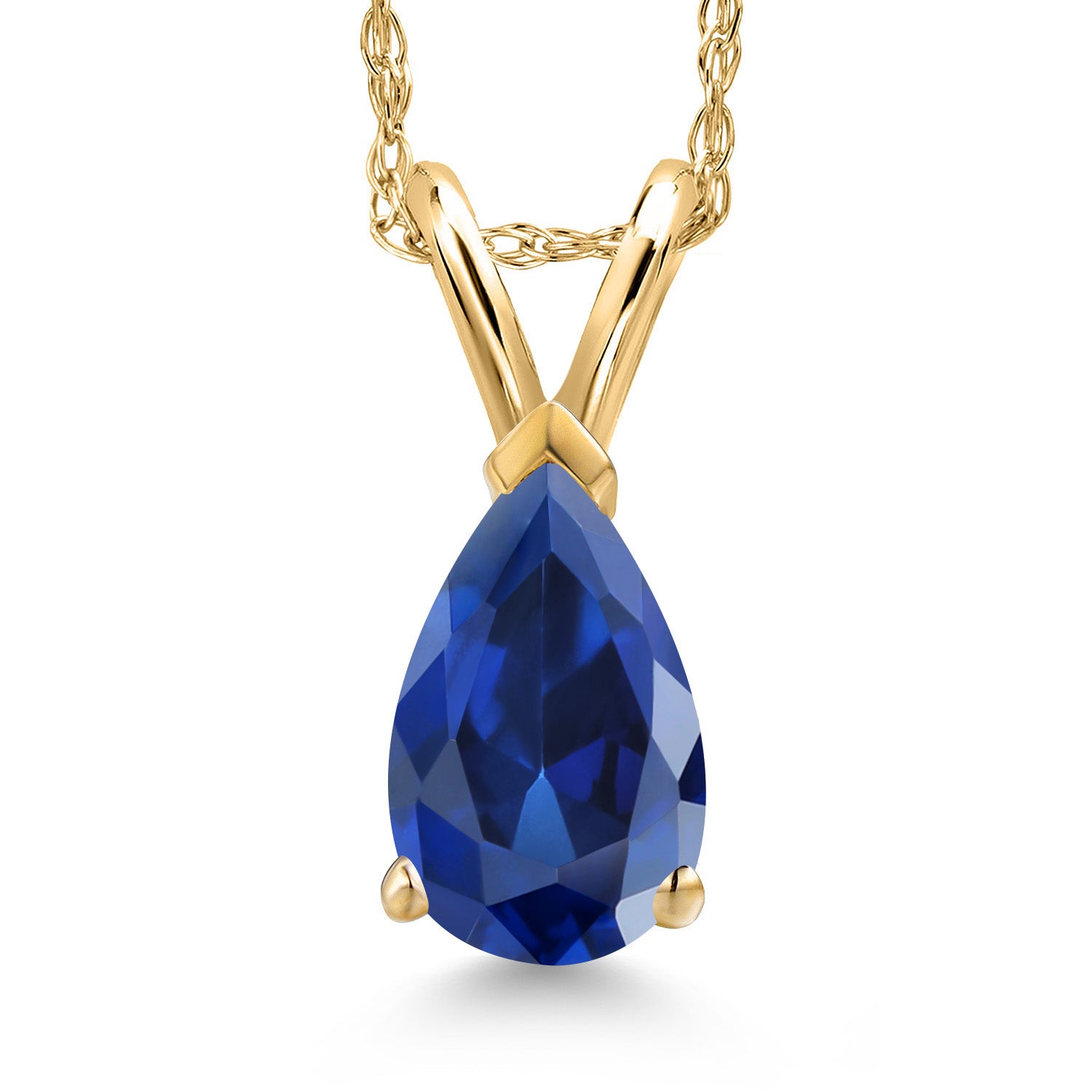 14K Yellow Gold Blue Created Sapphire Pendant Necklace for Women | 1.11 Cttw | Gemstone September Birthstone | Pear Shape 8X5MM | With 18 Inch Chain