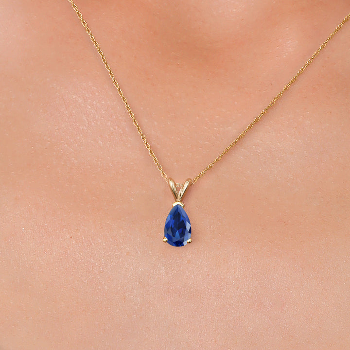 14K Yellow Gold Blue Created Sapphire Pendant Necklace for Women | 1.11 Cttw | Gemstone September Birthstone | Pear Shape 8X5MM | With 18 Inch Chain