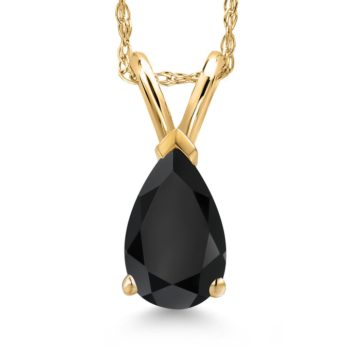 14K Yellow Gold Black Onyx Pendant Necklace for Women | 0.85 Cttw | Gemstone December Birthstone | Pear Shape 8X5MM | With 18 Inch Chain