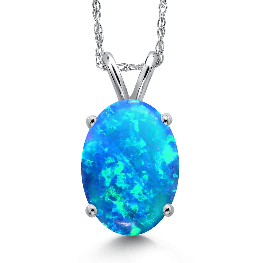 Blue Simulated Opal-Cabochon - October_Pendant in 14K White Gold