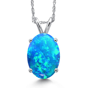 Blue Simulated Opal-Cabochon - October_Pendant in 14K White Gold